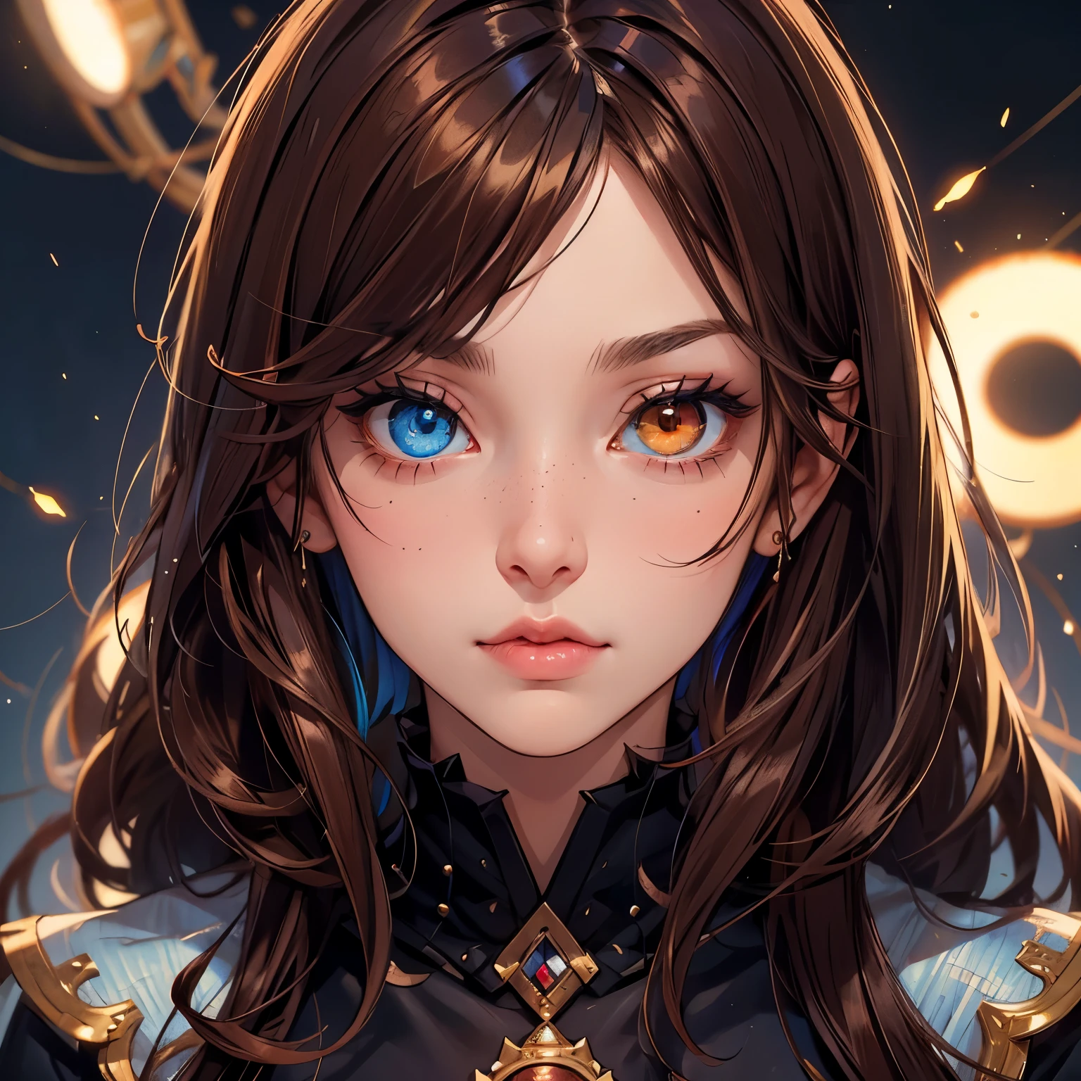 portrait,close up woman,(best qualtiy,tmasterpiece),1girl,nice poses,ventania,, one red eye and the other blue,The upper part of the body,clothes, beautiful detail eyes, brown hair, side glance, heterochromia,multicolor hair, colorful light, particles