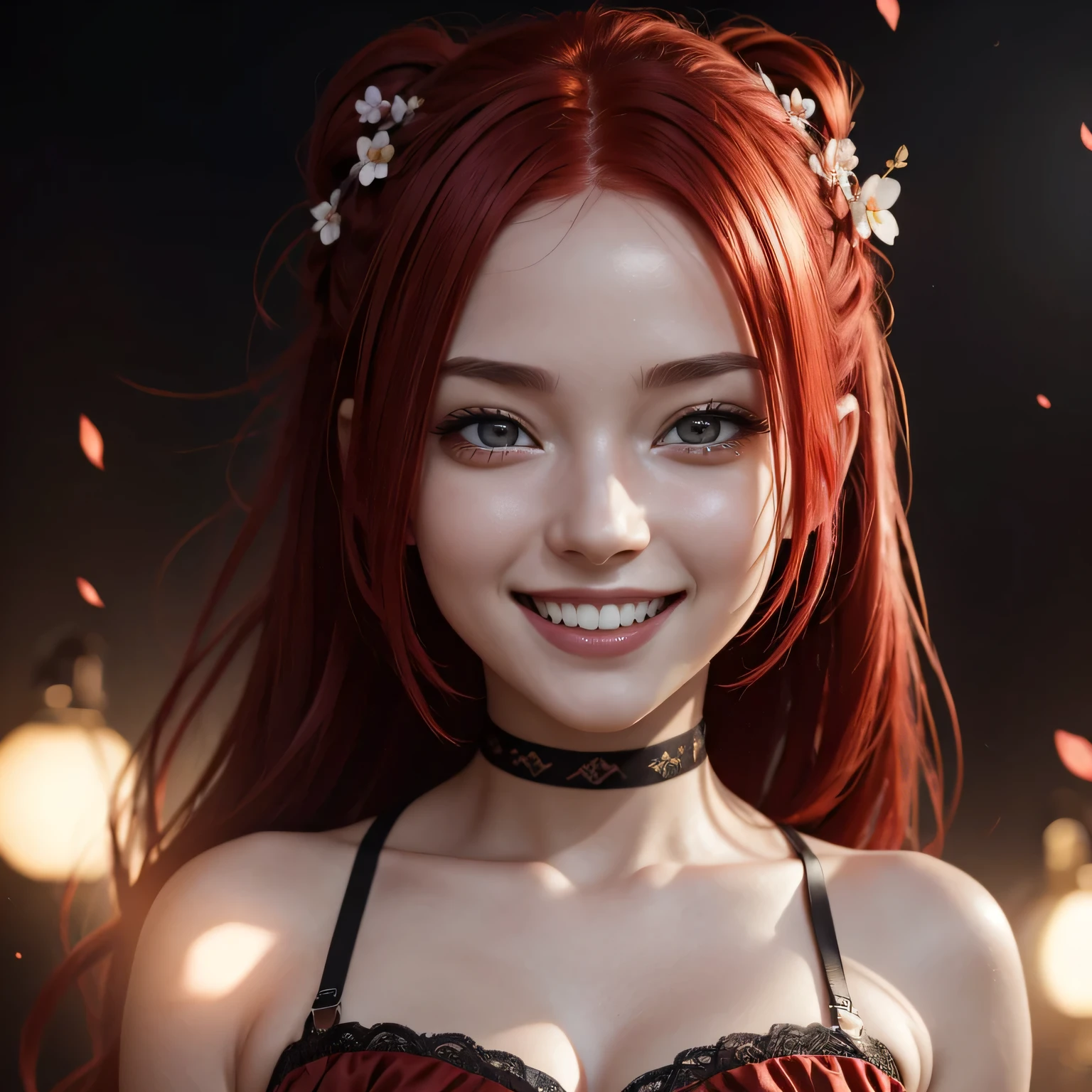 highly detailed, 8k, masterpiece, 1girl, Red tied_hair, dress , crazy_smile, (perfect_face), detailed_background, full_body, bloom,(beautiful lighting:1.3), caustics, dynamic lighting, from_below