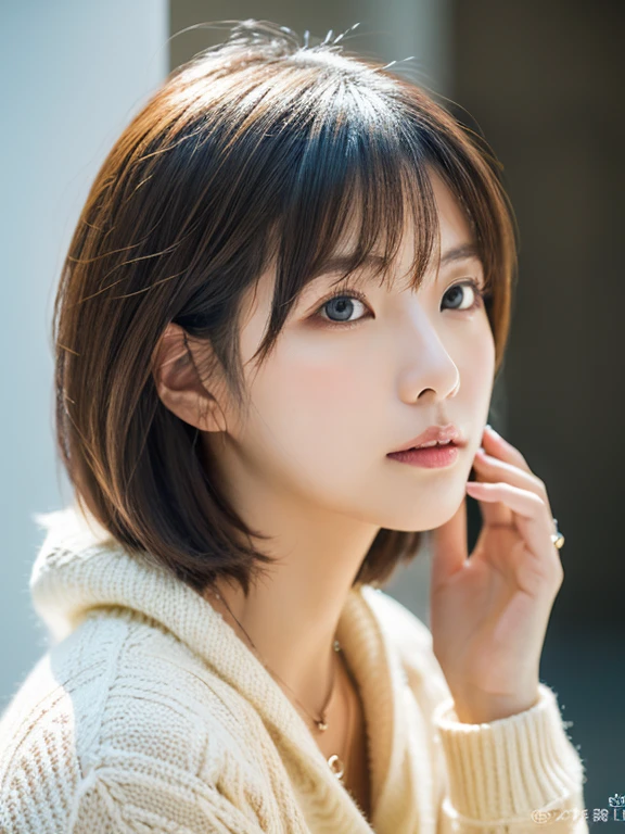 ((masutepiece,top-quality)), (photographrealistic:1.4),((masutepiece,8K))、white wall、(white room)、((full body photo))、shot in natural light、Highly detailed face and skin texture、highly detailed lips、correct state of the human body、Super high resolution、(Photoreal:1.4)、top quality, 1 beautiful woman, 28 years old, s, 100mm lens、Light yellow Knit、(Dark brown medium shorthair)、Japanese woman、(dark brown hair)、Versatile poses、looking at the camera、natural color lip、Winter clothes、 necklace、indoor、sit