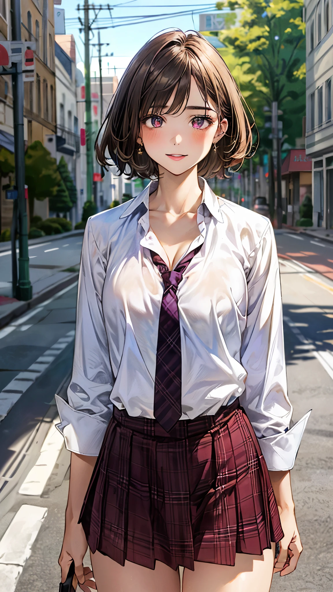 (masterpiece:1.3, top-quality, ultra high resolution, ultra detailed), (realistic, photorealistic:1.4), beautiful illustration, perfect lighting, natural lighting, depth of fields, super detailed skin,
beautiful detailed hair, beautiful detailed face, beautiful detailed eyes, beautiful clavicle, beautiful body, beautiful chest, beautiful thigh, beautiful legs, beautiful hands,
looking at viewer, (face focus, upper body), 1 girl, high school girl, 12 years, old, (perfect anatomy, anatomically correct), cute and symmetrical face, babyface, perfect face, perfect eyes,
(short hair, lob hair, light brown hair), crossed bangs, (gold eyes), slant eyes, big eyes, long eye lasher, (medium breasts, juicy thighs, attractive thighs, cleavage:1.0),
((detailed cloth texture, long sleeves white collared shirt, (wine-red) tie, (dark purple) plaid skirt), dark brown hair chouchou, finest underwear), dark blue school sheaths,
(beautiful scenery), evening, (sidewalk, traffic light), (walking), (seductive smile, upper eyes, parted lips),