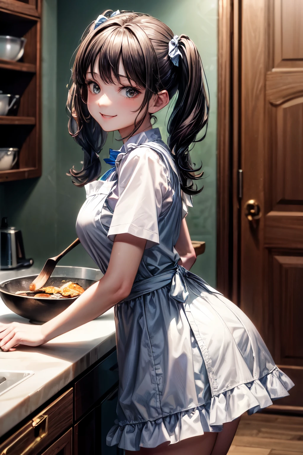 very cute and beautiful girl cooking in kitchen,teen,(highly detailed beautiful face),
standing,cowboy shot,yellow and white cute frilled apron on white blouse,blue skirt,
looking at viewer,(smile),black hair,low twintails,
(best quality,masterpiece:1.0),absurdres,highres,ultra-detailed,extremely detailed,32k,8k resolution,
intricate details,cinematic scene,detailed background,solo,dynamic angle,