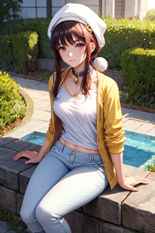 JOVEN BELLA PELO BLANCO GORRO ROJO CHICA CON UNA PIEDRA BLANCA CONGANDO EN UN COLLAR ESTILO ANIME CON PANTALONES ALTA