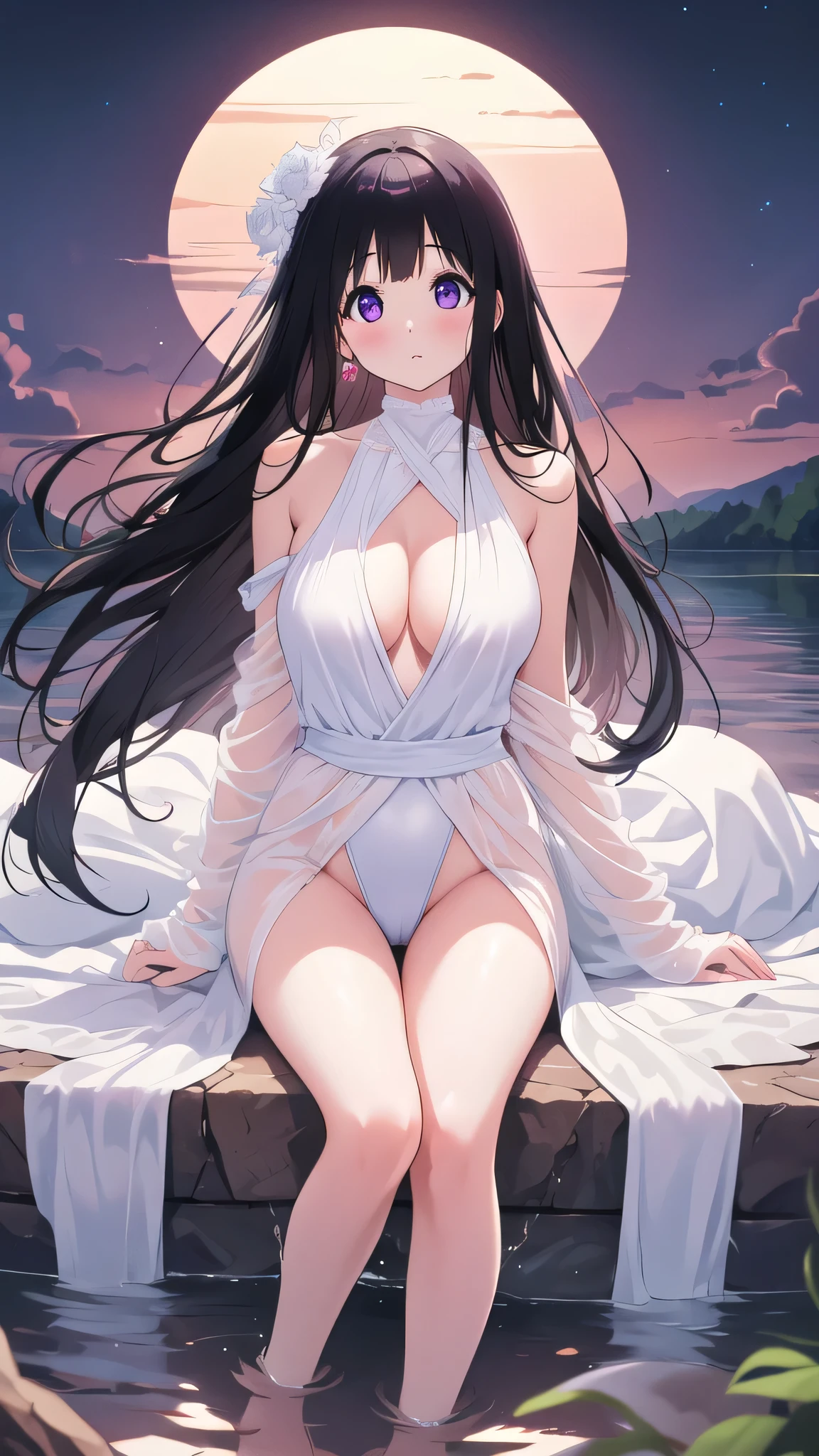 Stunning Chitanda, There is only one beautiful girl，Purple Eyes, Black Hair, Naturally straight hair, Straight bangs，Extremely refined，open your lips，Face is so red，The skin is very white，big eyes，Long flowing hair，beautiful girl, Like a dream，Slim，Soft, (Sensual), (Kawaii), Dream quality，night，moonlight，Starlight，Bathing in the lake，There was a mist，soaking in water，Completely naked，No clothes，Exposing breasts，Half immerse yourself in water，No pants，Delicate clavicle，Delicate hands and feet，Bare neck，Bare thighs，Exposing the groin，Camel toe，Bare legs，barefoot，extremely shy，Ultra-high resolution, (masterpiece:1.2, best quality), (Delicate and beautiful eyes: 1.2), (Beautiful and delicate face)