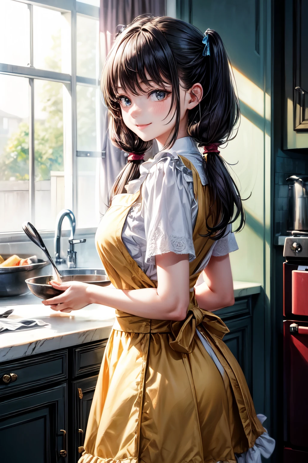 very cute and beautiful girl cooking in kitchen,teen,(highly detailed beautiful face),
standing,cowboy shot,yellow and white cute frilled apron on white blouse,blue skirt,
looking at viewer,(smile),black hair,low twintails,
(best quality,masterpiece:1.0),absurdres,highres,ultra-detailed,extremely detailed,32k,8k resolution,
intricate details,cinematic scene,detailed background,solo,dynamic angle,