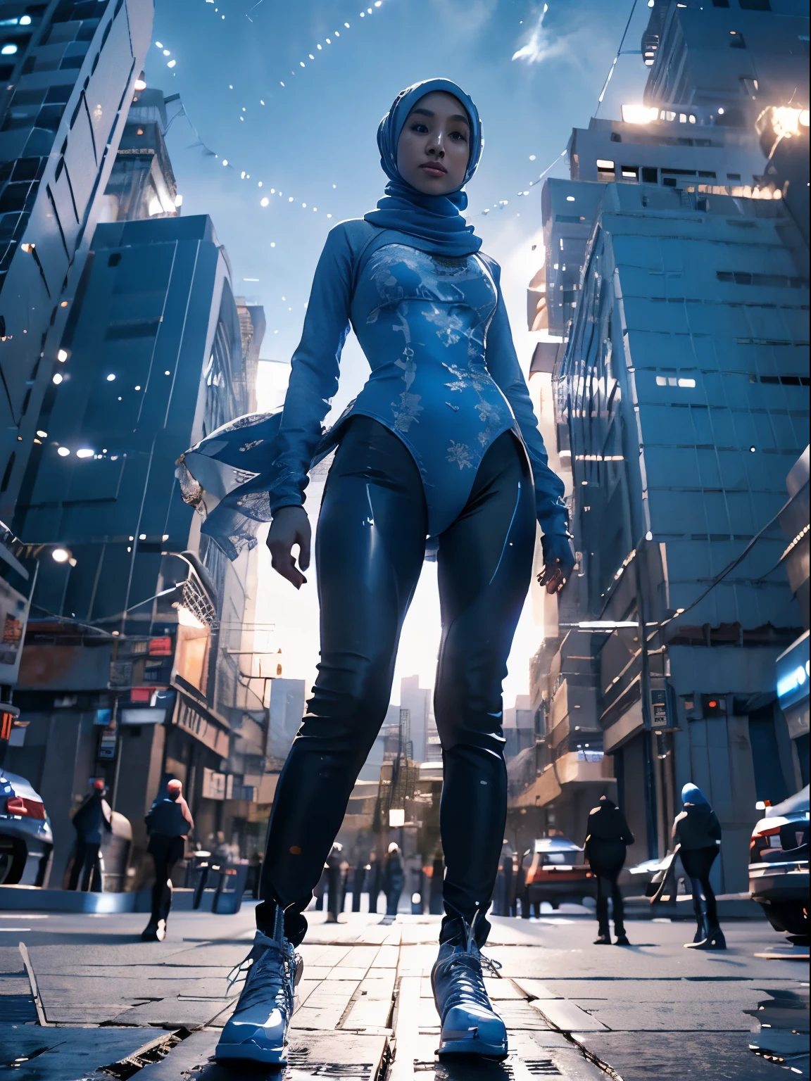 1 malay girl, solo, hijab, blue eyes, medium hijab, superhero, blue and white leotard, leggings, boots, hands on hip, top of building, city background, bokeh, nighttime, high quality, ultra detail, 8k, action pose, cinematic lighting, cinematic smoke,