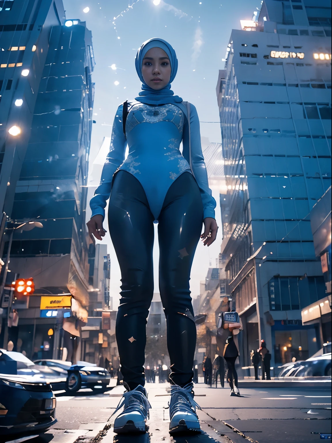 1 malay girl, solo, hijab, blue eyes, medium hijab, superhero, blue and white leotard, leggings, boots, hands on hip, top of building, city background, bokeh, nighttime, high quality, ultra detail, 8k, action pose, cinematic lighting, cinematic smoke,