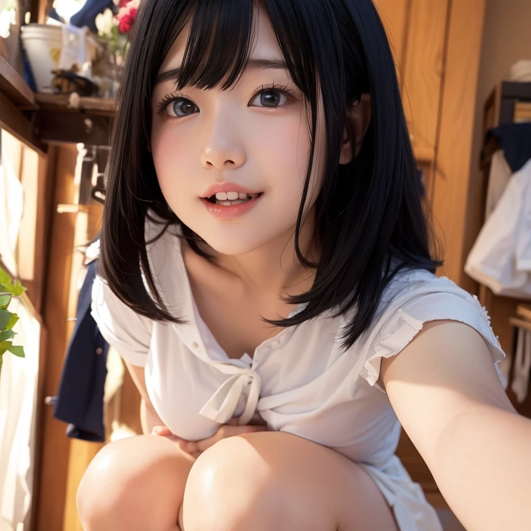 highest quality, Ultra-high resolution, Highly detailed skin, Physically Based Rendering,（shirt with wide open chest、mini skirt),((from below))) ,(((Young face of 18 years old,Japan Schoolgirls、Place both hands on the ground、Topless leaning forward,No bra)))(((panty shot.showing panties,squatting,open legs wide)))(((Small breasts, Nipples are visible, from the front,))),(Japanese school girl uniform),(Blurred Background:1.2), (Cleavage), (Show me her white panties)Long black hair, open chest shirt