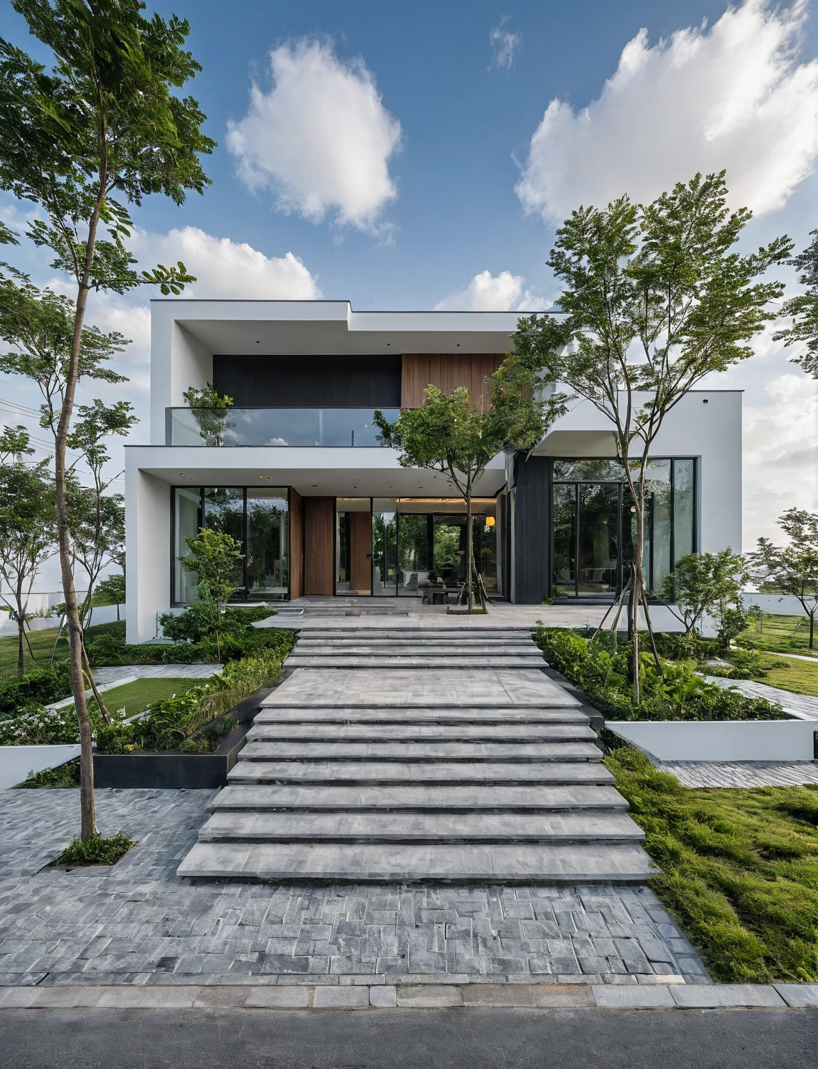 Masterpiece, high quality, best quality, authentic, super detail, outdoors, onestoreyvillaXL, aiaigroup, house style modern on the street ,stairs, white wall ,road,pavement, grass, trees, sky, cloud, (daylight:1.1)