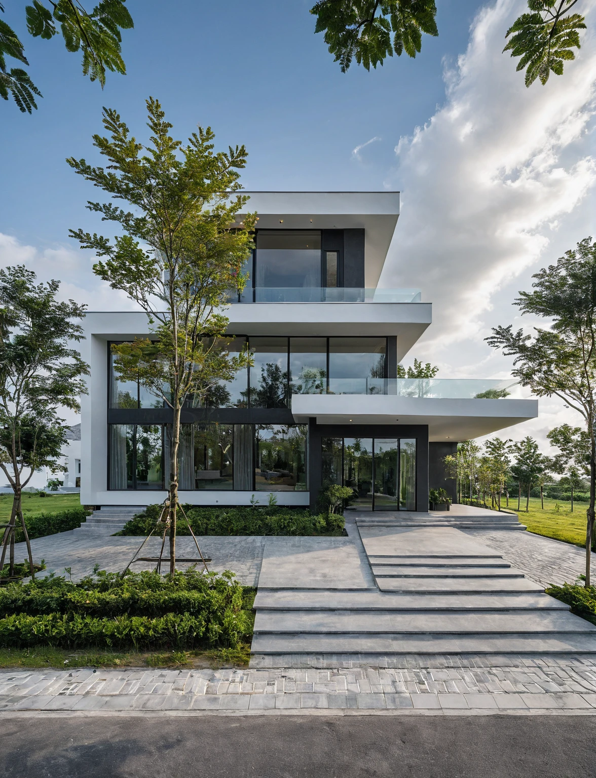 Masterpiece, high quality, best quality, authentic, super detail, outdoors, onestoreyvillaXL, aiaigroup, house style modern on the street ,stairs, white wall ,road,pavement, grass, trees, sky, cloud, (daylight:1.1)