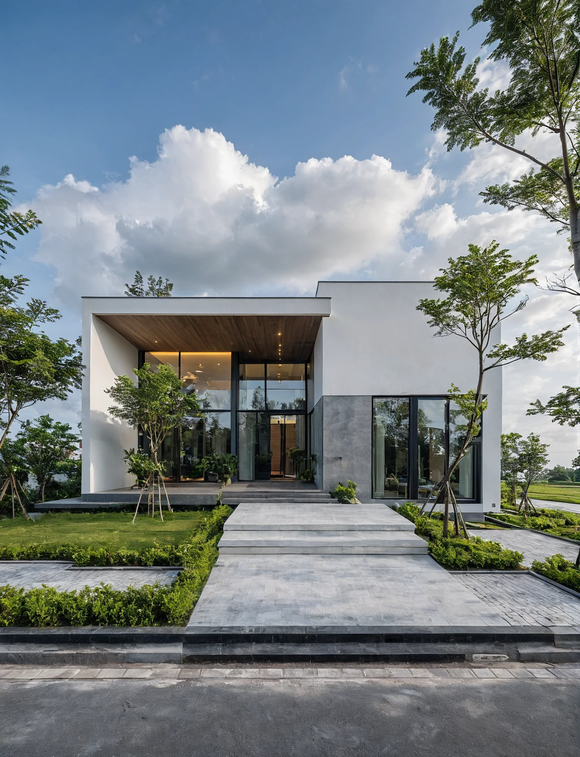 Masterpiece, high quality, best quality, authentic, super detail, outdoors, onestoreyvillaXL, aiaigroup, house style modern on the street ,stairs, white wall ,road,pavement, grass, trees, sky, cloud, (daylight:1.1)