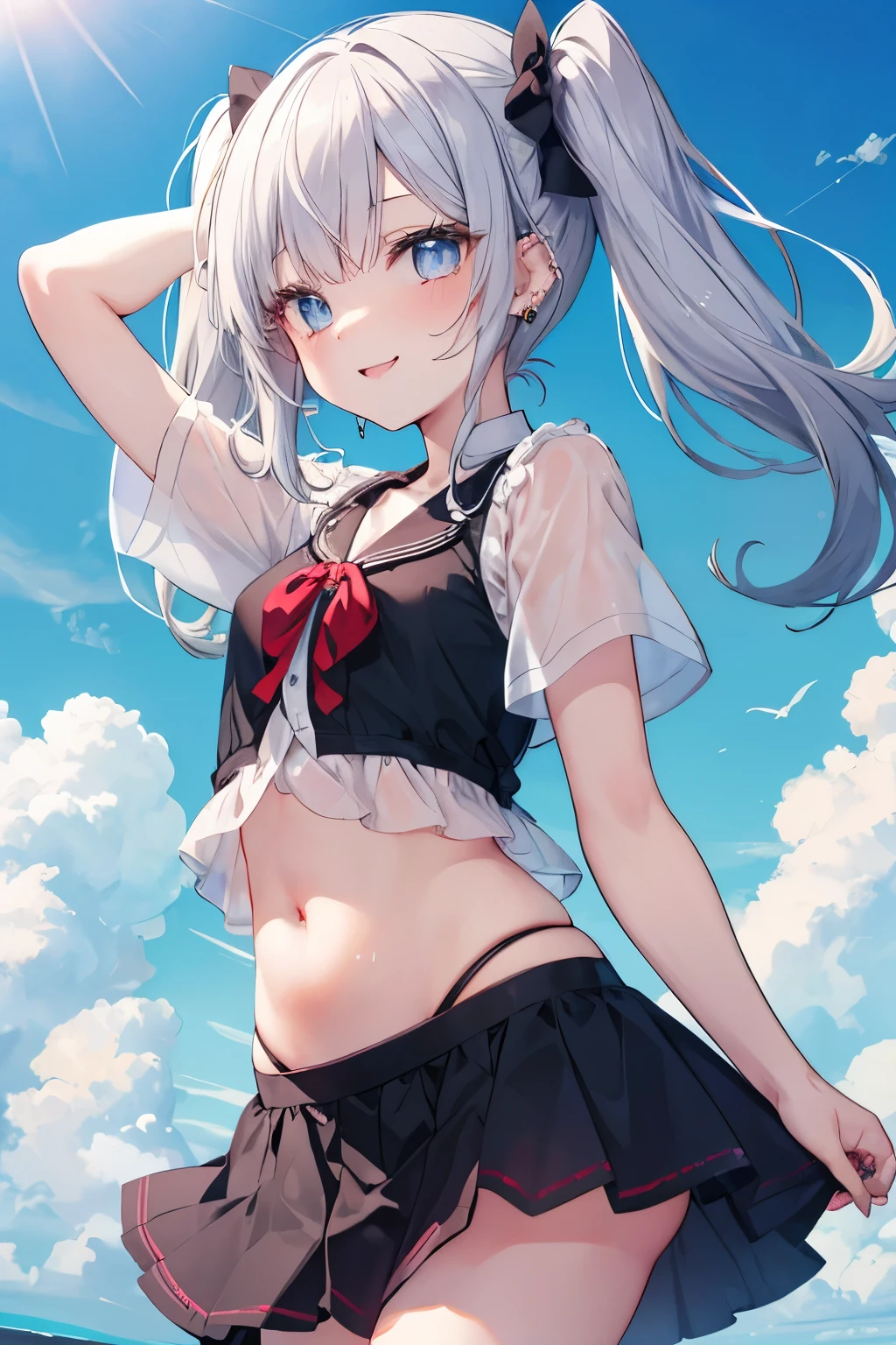 Silver-haired blue eyes、 girl、Small breasts、Twin tails、Laughter、Nico Nico Smile、Wink、 girl、Looks about 、Petan Musume、short、There are highlights on the eyes、Gal-like appearance、Wearing piercings、Sexy short sleeve outfit、mini skirt、The wind is blowing and my panties are showing through my skirt、I'm sweating because it's so hot、I can see your belly button、blue sky、Lightly dressed and cute