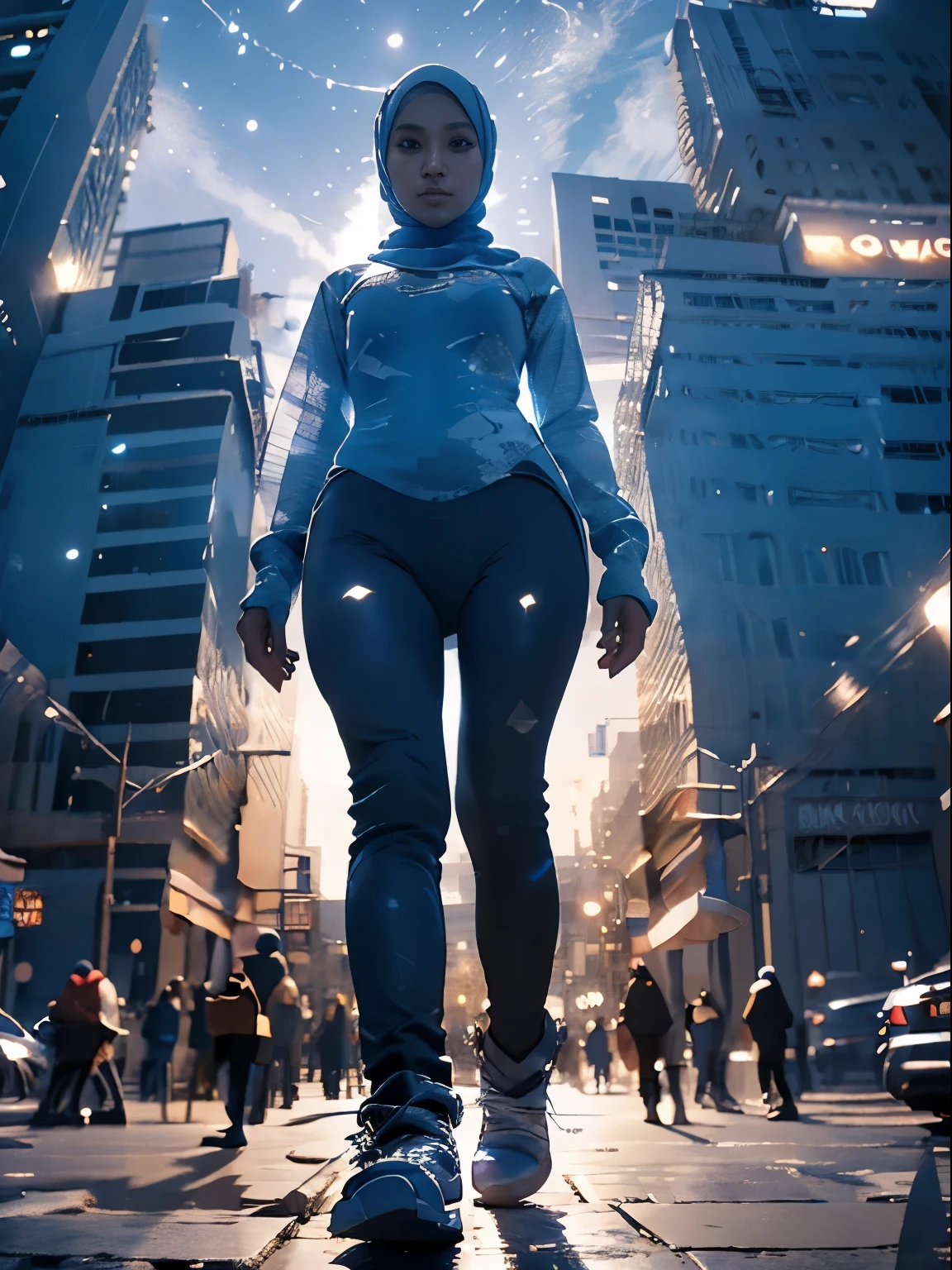 1 malay girl, solo, hijab, blue eyes, medium hijab, superhero, blue and white leotard, leggings, boots, hands on hip, top of building, city background, bokeh, nighttime, high quality, ultra detail, 8k, action pose, cinematic lighting, cinematic smoke,