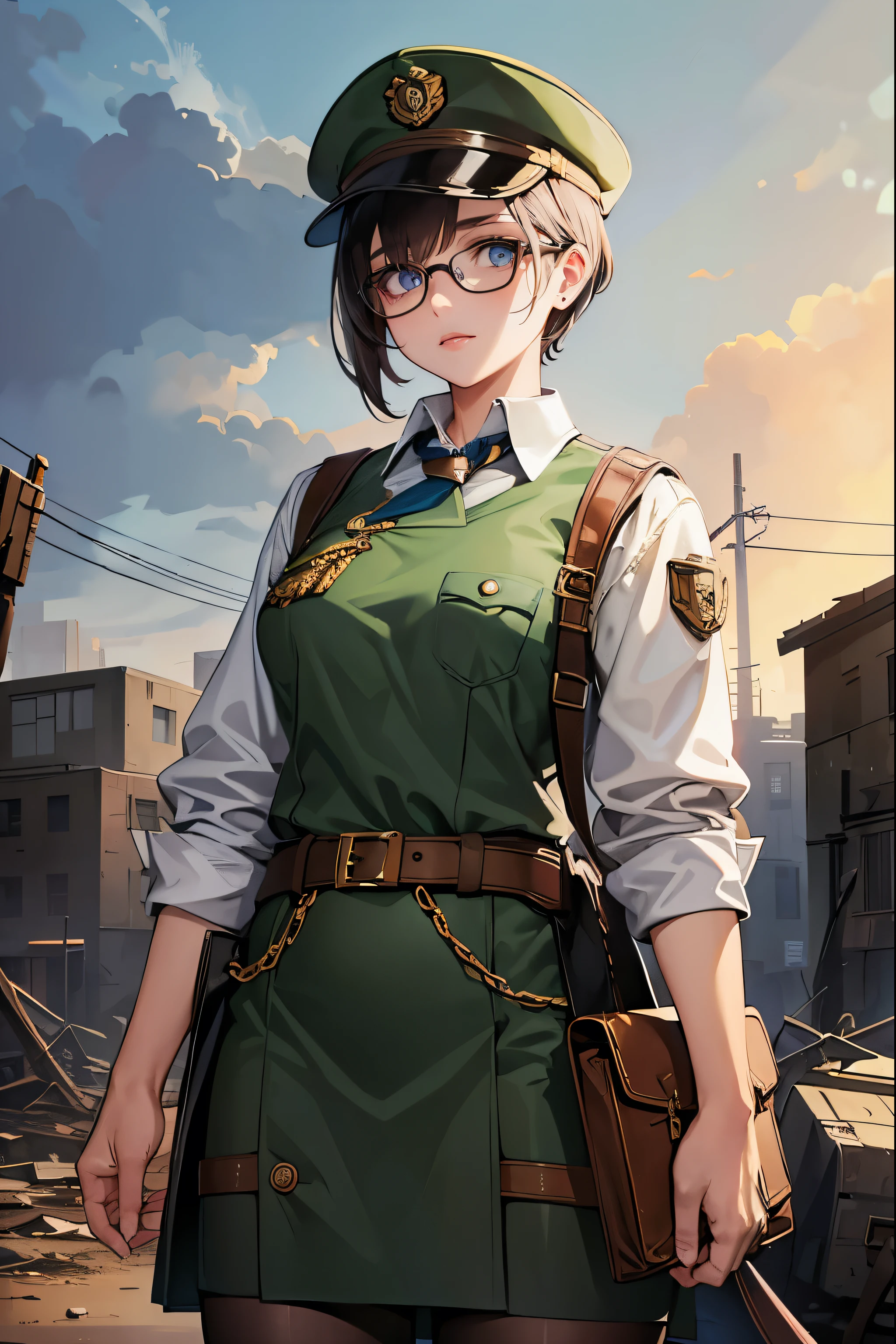 a pretty girl messenger, wearing large glasses, undercut hair, wearing postal uniform, in a post-apocalyptic world