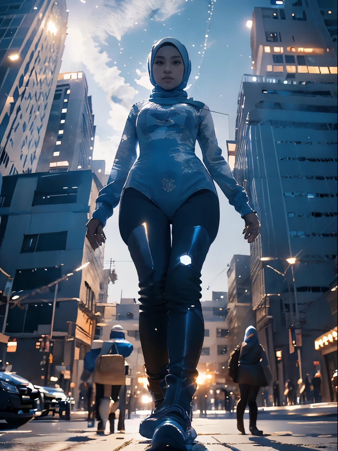 1 malay girl, solo, hijab, blue eyes, medium hijab, superhero, blue and white leotard, leggings, boots, hands on hip, top of building, city background, bokeh, nighttime, high quality, ultra detail, 8k, action pose, cinematic lighting, cinematic smoke,