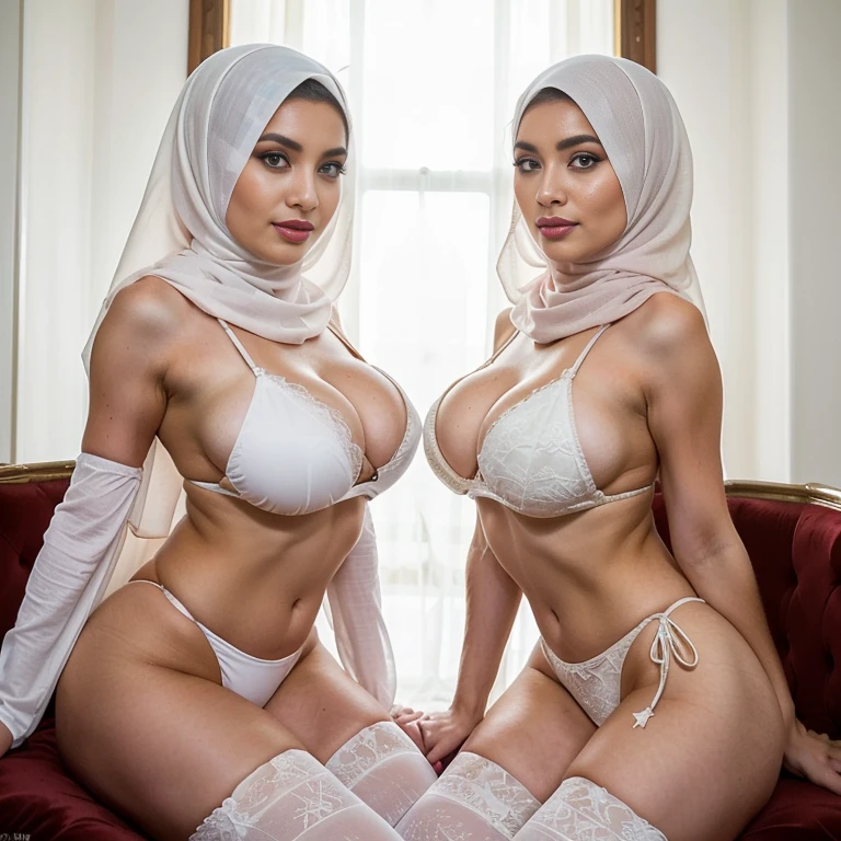 In a regal setting, two sexually attractive hourglass figure adult video star hijabi Muslim MILF sit side by side on a magnificent throne, radiating elegance and confidence. They share the same height and body proportions, creating a visually stunning image of unity and strength.
Both ladies wear white (lace hijabs), beautifully wrapped around their heads, framing their faces and accentuating their natural beauty. The delicate lace adds a touch of femininity and sophistication to their overall look.
Complementing their hijabs, both ladies wear white stockings string bra string thong that add a subtle hint of allure to their ensemble. The stockings enhance their elegant and poised posture, further highlighting their hourglass figures.
Their makeup is flawlessly applied, with striking red lips, voluminous mascara, captivating eye shadow, precise eyeliner, and luxurious lashes. These elements enhance their already mesmerizing features, drawing attention to their expressive eyes.
As they sit close to each other on the throne, they exude a sense of unity and sisterhood. Their presence showcases the beauty and strength of hijabi Muslim women, empowering others to embrace their identities and celebrate their unique beauty.
she is looking at viewer, skin texture, ultra high res, RAW, instagram LUT, masterpiece, best quality, ultra-detailed, ultra high resolution, RAW, 4k, (looking at viewer), extremely detailed eyes and face, ((beautiful detailed nose)), ((beautiful detailed thigh)), ((beautiful detailed eyes)), perfect body proportion, (looking at the camera), seductive face, cheerful, happy, (red thighhighs) (hijab) (SFW:1.5), (five fingers), detailed fingers, (string bikini), sexually satisfying face