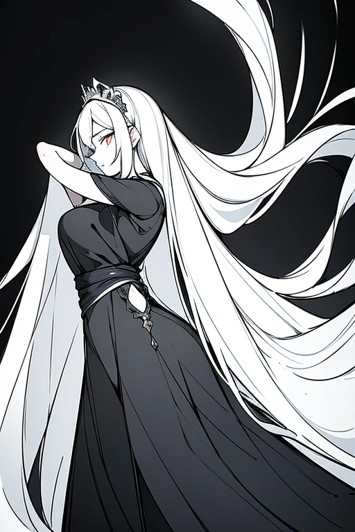 masterpiece, best quality, portrait, 1 adult woman, black background with a gray gradient from the bottom, long hair, clothes are a tight dress, white light comes from above, holds her hands behind her head, looks straight at the camera, Style is a black and white sketch image, she wears a tiara and has royal ornaments
