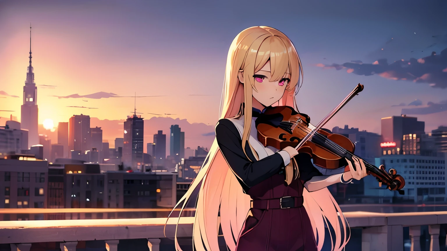 　1 Girl, Blonde, Pink Eyes, Very long hair, long sleEve, ((masterpiece)), (highest quality), Eve,  (whole body), City of night，Overall details, Playing the violin