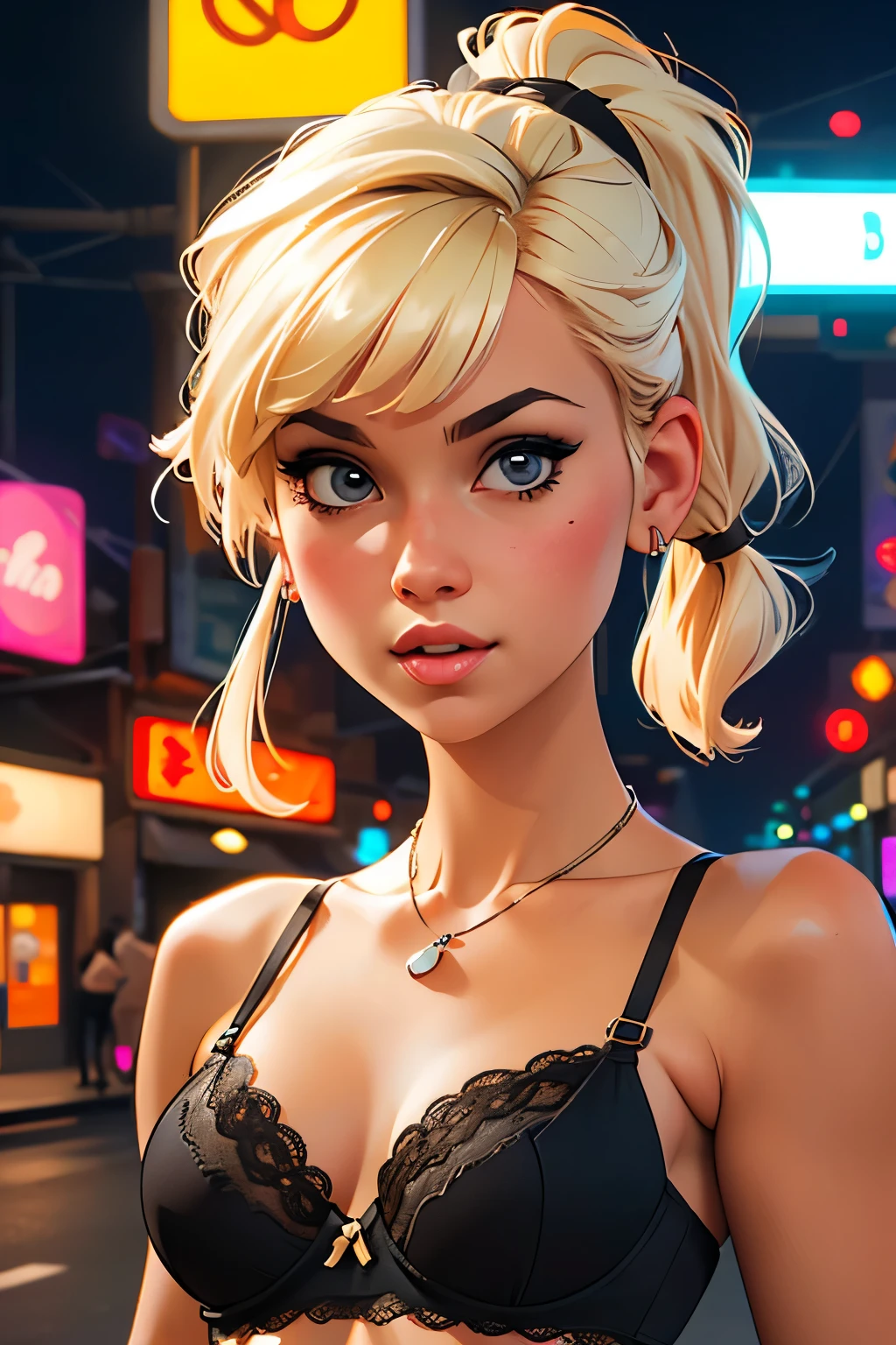 (best quality,4k,highres,ultra-detailed,realistic:1.2), a young girl, small breasts,short blond  hair with a pigtail and bangs,  flat abs, black lace bra, earrings , necklace out in the street at night, neon lights and advertising, close-up portrait 