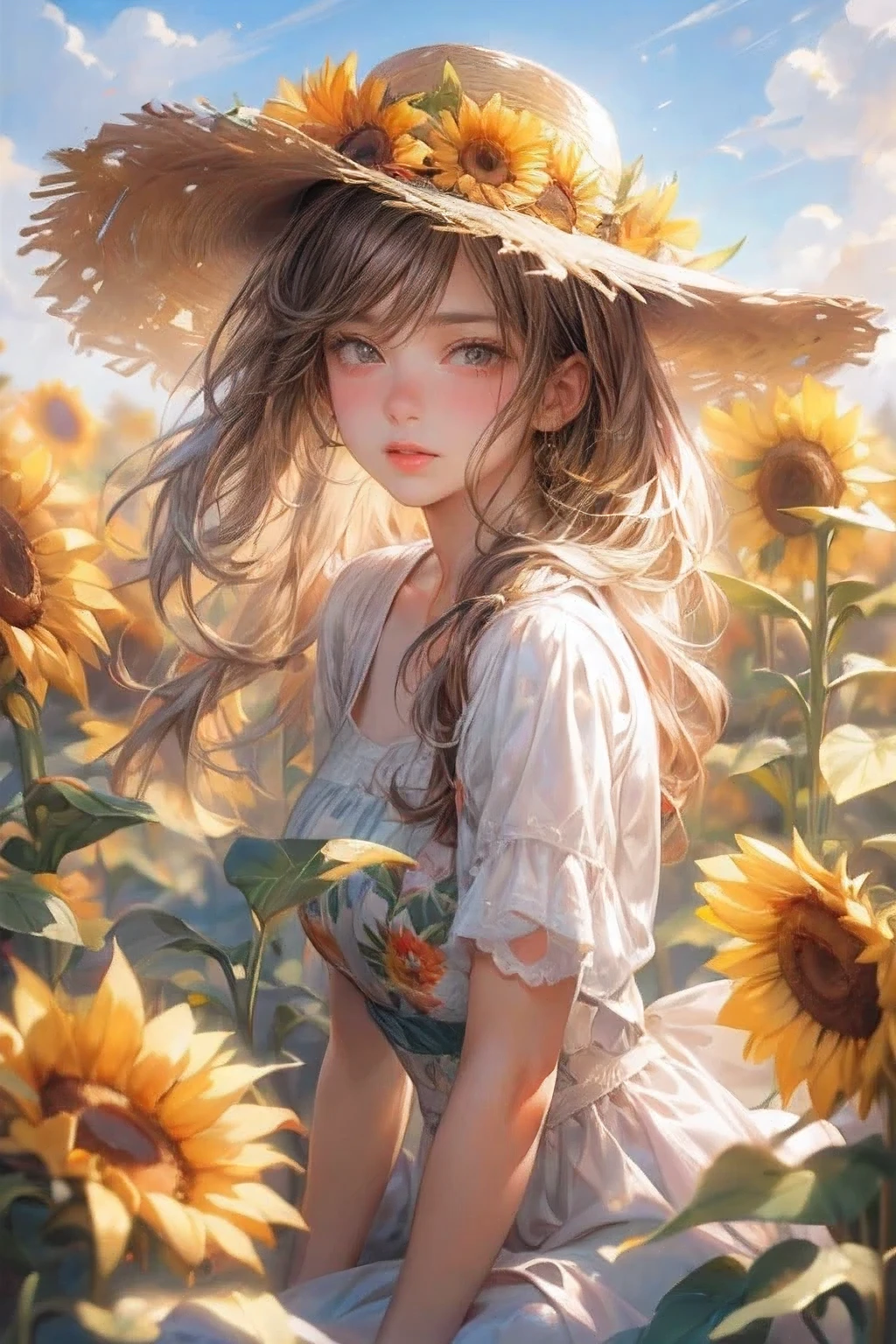 masterpiece:1.2, 8k, photorealistic:1.37, cute girl, sparkling eyes, shining lips, beautiful detailed eyes, beautiful detailed lips, long eyelashes, flowing hair, joyful expression, vibrant dress, sitting on a grassy field, surrounded by colorful sunflowers:1.2, wearing a stylish hat, a warm and sunny day, soft natural lighting, vivid colors, medium: oil painting, ultra-detailed, realistic, bokeh, dynamic action,