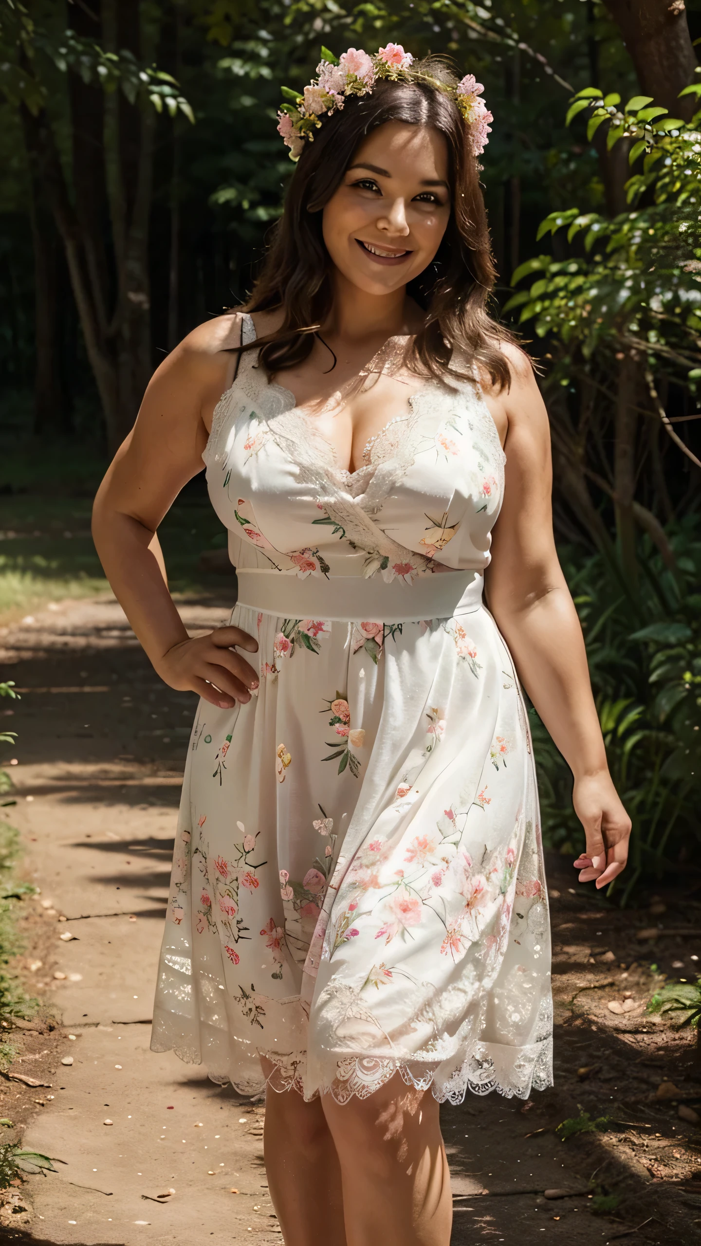 A beautiful and hot almost chubby mature woman. who is wearing a lace-like flowery dress. And standing in nature. A smiling face