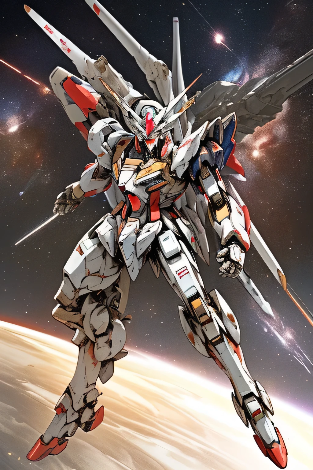 robot,gundam barbatos body,strike astray gundam head,freedom gundam backpack,stand, battlefield,in space,among enemy robot,space warship,highly detailed,highly quality