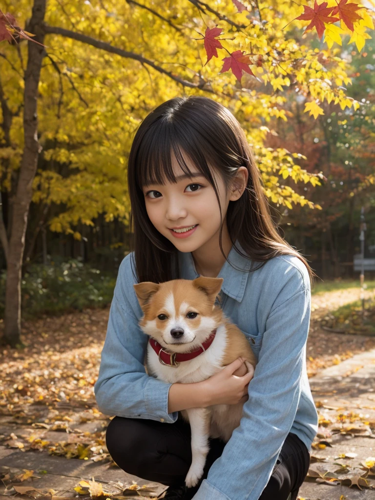 (top-quality、masterpiece:1.2)、Best Quality、realisitic、photoshot、hight resolution、1080p、8K、Textured skin、Physical Rendering、1 Japan Girls、High school students、kawaii、Young Face、Rolled hair、(Autumn outfit:1.5)、a park、Holding a small dog、crouching down、full of shyness、smil、Big