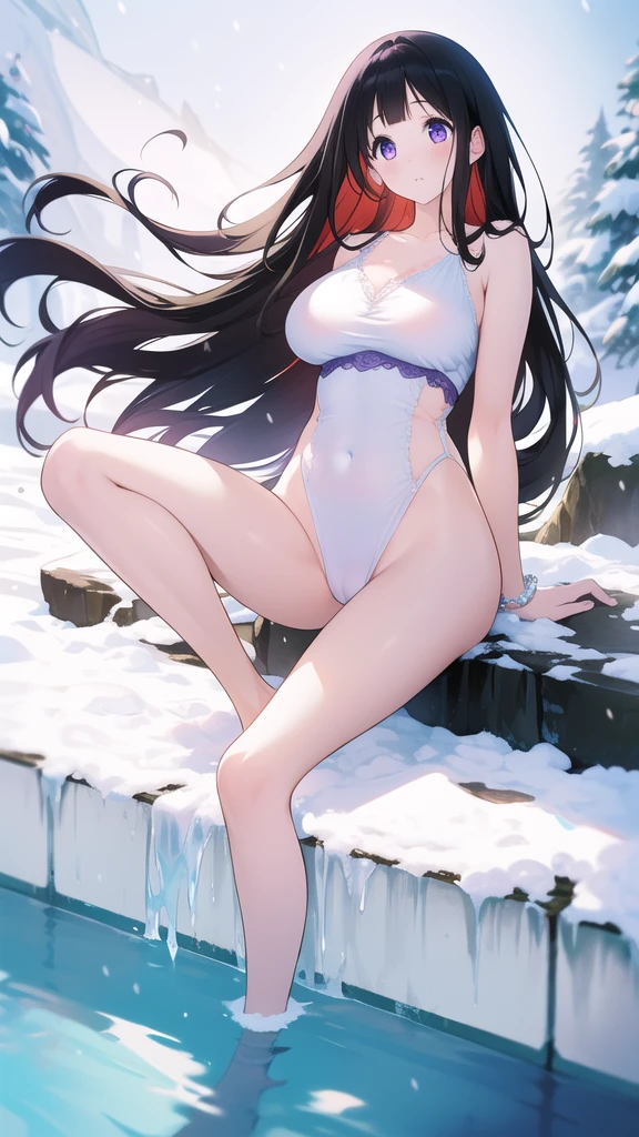 Stunning Chitanda, 只有一个beautiful girl,Purple Eyes, Black Hair, Naturally straight hair, Straight bangs,Extremely refined,open your lips,Face is so red,Very white skin,big eyes,Flowing long hair,beautiful girl, Like a dream,Slim,Soft, (Sensual), (Kawaii), Dream quality,Running in the snowy mountains,pool,Ice cubes,No clothes,Beautiful big breasts,No pants,Delicate clavicle,Delicate hands and feet,Bare neck,Bare thighs,Exposing the groin,Camel toe,Bare legs,barefoot,extremely shy,Ultra-high resolution, (masterpiece:1.2, best quality), (Delicate and beautiful eyes: 1.2), (Beautiful and delicate face)