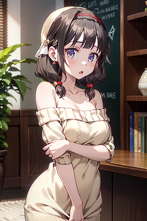 masterpiece, yor, 1girl, solo, looking at viewer, open mouth, black hair, red eyes, dress, bare shoulders, jewelry, collarbone, sidelocks, hairband, earrings, indoors, off shoulder, :o, sweater, arms behind back, plant, short hair with long locks, white hairband, off-shoulder dress, sweater dress, off-shoulder sweater, red sweater, big side hair, very long side hair,is rendered in (masterpiece: 1.2, best quality), with (ultra high resolution) and an exquisite (depth of field). This masterpiece is not only visually stunning but also tells
