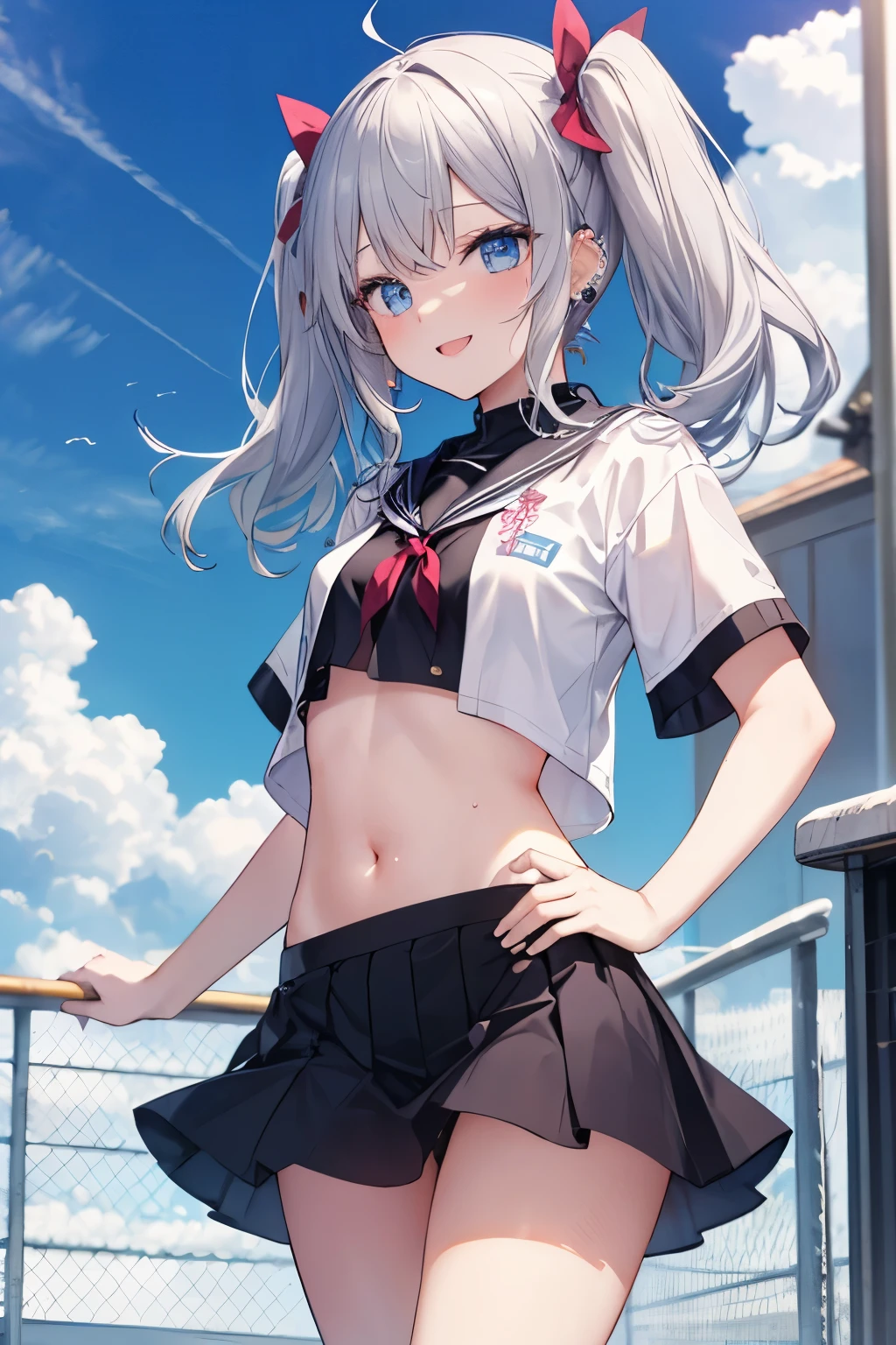 Silver-haired blue eyes、 girl、Small breasts、Twin tails、Laughter、Nico Nico Smile、Wink、 girl、Looks about 、Petan Musume、short、There are highlights on the eyes、Gal-like appearance、Wearing piercings、Sexy short sleeve outfit、mini skirt、The wind is blowing and my panties are showing through my skirt、I'm sweating because it's so hot、I can see your belly button、blue sky、Lightly dressed and cute