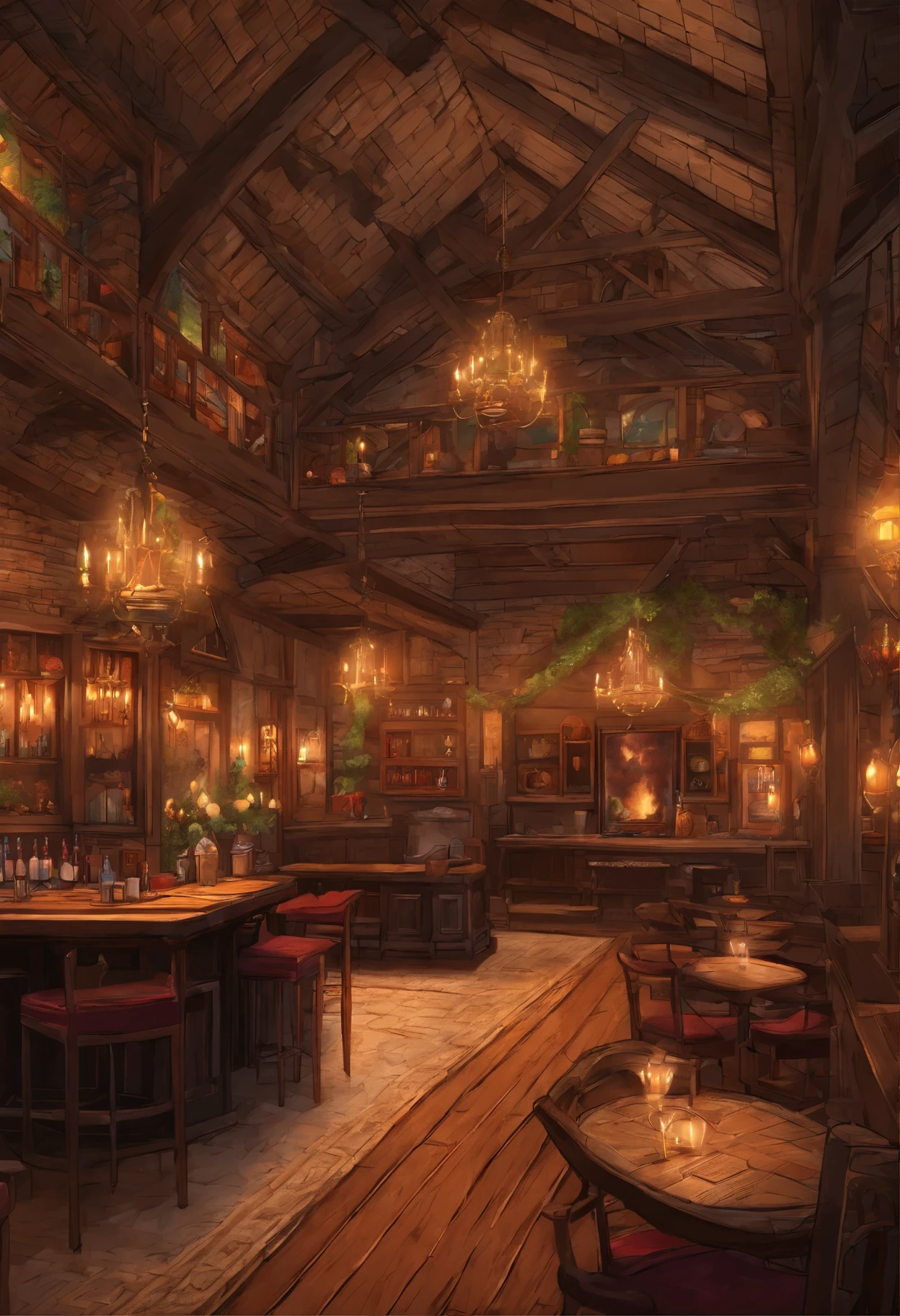 (best quality,4k,8k,highres,masterpiece:1.2),ultra-detailed,medieval,pixel art,bar interior,table and chairs,counter,wine bottles,(fireplace,large),dimly lit,vivid colors,concept artists,stained glass windows,stone walls,wooden beams,metallic candle holders,ornate chandeliers,cozy atmosphere,quaint decorations,low-key lighting,lofty ceilings,bar stools,soft candlelight,majestic,antique furnishings,exquisite details,impressive artwork,ambient lighting,warm color palette,subtle shadows,old-world charm,medieval tapestries,plush cushions,rich textures,lively atmosphere,merry patrons,entertainment,renaissance elements,flickering candlelight