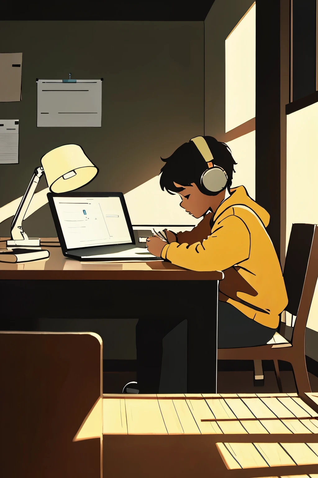 A boy studying at a desk with headphones on