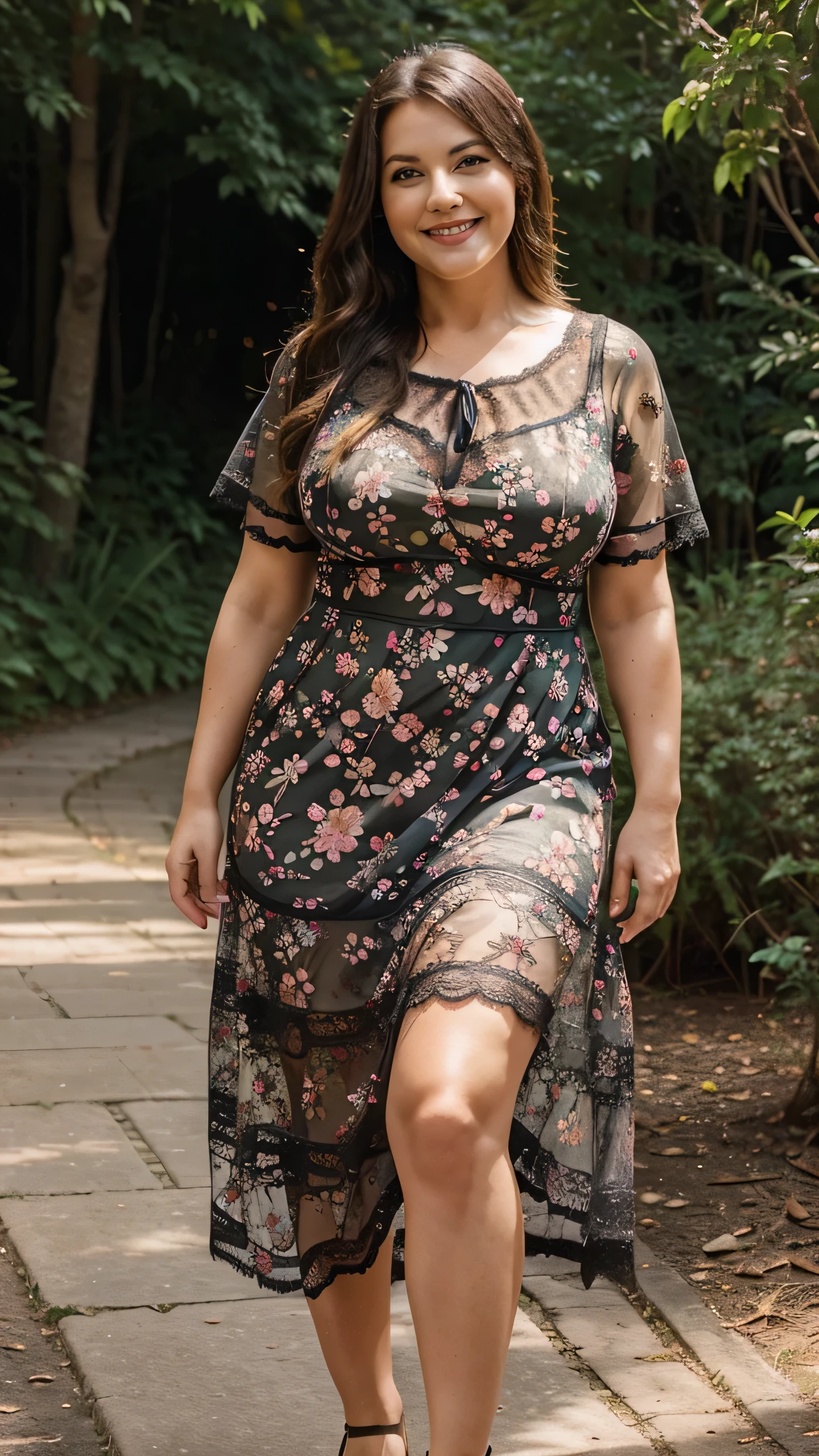 A beautiful and hot almost chubby mature woman.who wears a long dress with lace-like sleeves. wearing high heels And standing in the park. A smiling face.