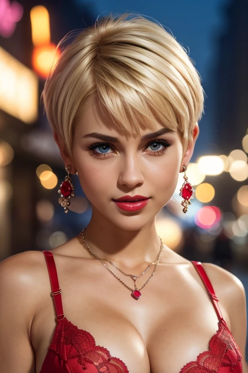 (best quality,4k,highres,ultra-detailed,realistic:1.2), a blond girl, small breasts,pixie cut hair,flat abs, red lace bra, earrings , necklace,red lips, in the street at night, neon lights and advertising, close-up portrait