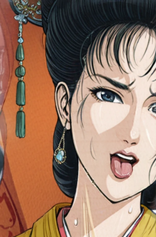 (best quality), (very aesthetic), (ultra-detailed), (best illustration),NSFW,a mature female,Perfect Face,Suikoden,Mrs. Lin,(full_body),big breast,red cheek,(troubled face),Sweating,skinny, chinese traditional clothes,chinese traditional style bed,Mouth wide open and tongue sticking out