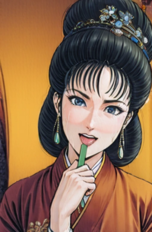 (best quality), (very aesthetic), (ultra-detailed), (best illustration),NSFW,a mature female,Perfect Face,Suikoden,Mrs. Lin,(full_body),big breast,red cheek,(troubled face),Sweating,skinny, chinese traditional clothes,chinese traditional style bed,Mouth wide open and tongue sticking out