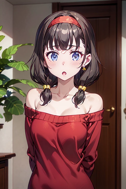 ,BREAK(Red dress)BREAK,()and(medium hair)and(black hair)and(purple eyes),(smile),The background is in the room,Alone,(Biologically correct5Finger),put hands on hips
