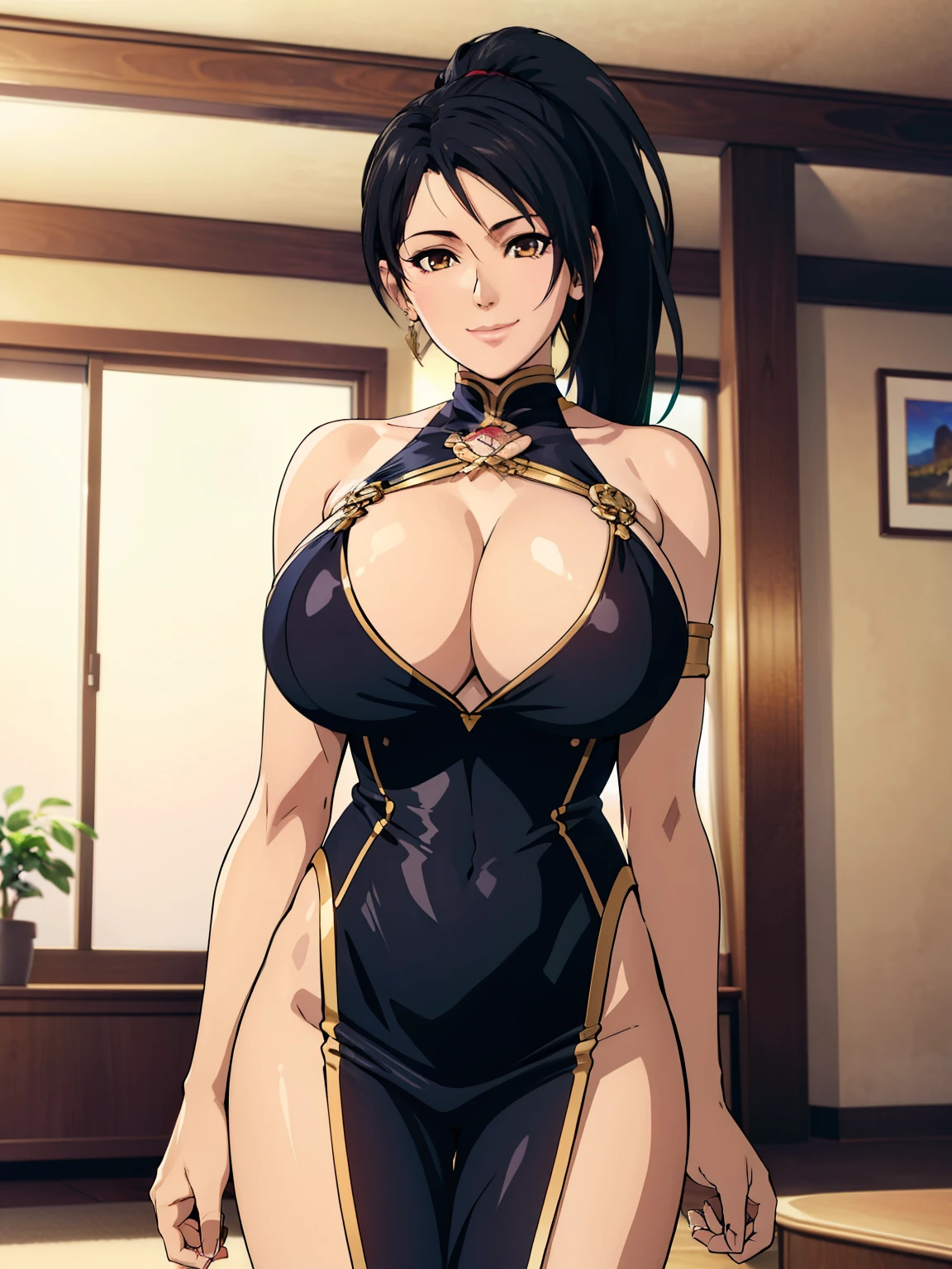 standing, mikoto outfit, livingroom background, momiji, anime cels style, best quality, high resolution, 1girl, (huge breasts:1.2), beautiful face, black hair, long hair, ponytail, brown eyes, cowboy shot, light smile