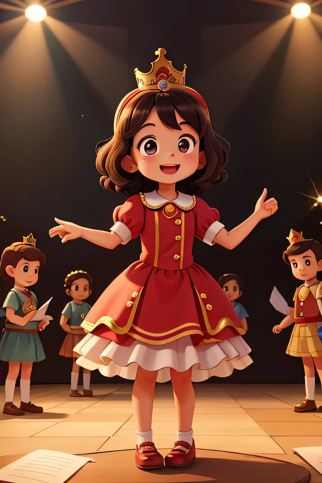 Little Lulu, a bright-eyed girl with a crown made of paper, stands on a stage, surrounded by admiring classmates. She beams with excitement as she basks in the spotlight.