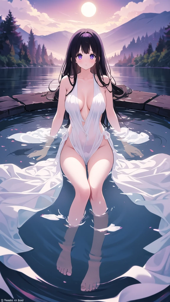 Stunning Chitanda, 只有一个beautiful girl，Purple Eyes, Black Hair, Naturally straight hair, Straight bangs，Extremely refined，open your lips，Face is so red，The skin is very white，big eyes，Long flowing hair，beautiful girl, Like a dream，Slim，Soft, (Sensual), (Kawaii), Dream quality，night，moonlight，Starlight，Bathing in the lake，There was a mist，soaking in water，Completely naked，No clothes，Exposing breasts，Half immerse yourself in water，Water flows through，No pants，Delicate clavicle，Delicate hands and feet，Bare neck，Bare thighs，Exposing the groin，Camel toe，Bare legs，barefoot，extremely shy，Ultra-high resolution, (masterpiece:1.2, best quality), (Delicate and beautiful eyes: 1.2), (Beautiful and delicate face)