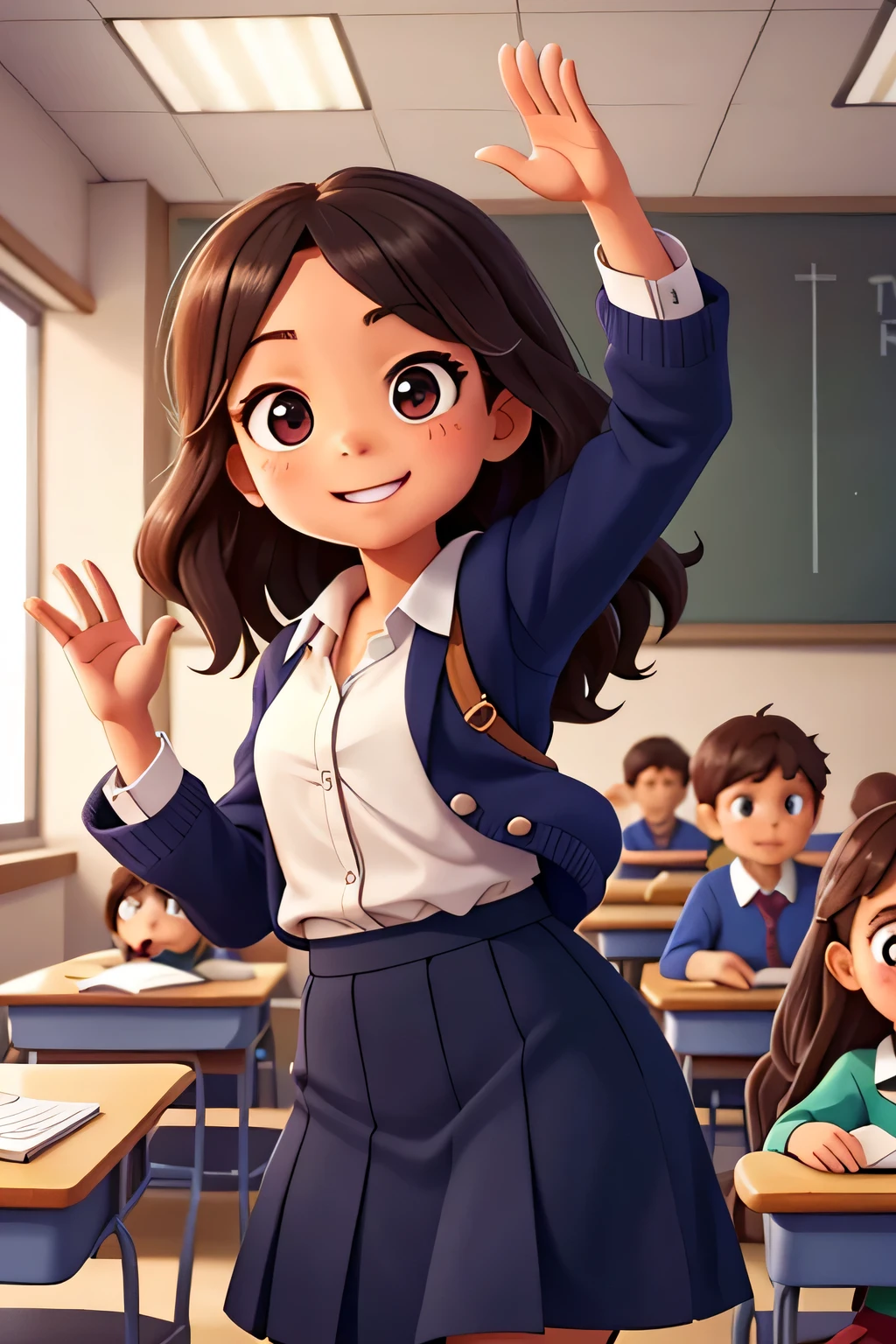 Lulu eagerly raises her hand in class, waving it frantically to get the teacher's attention. Her classmates look on with amusement as she tries to outshine everyone.
