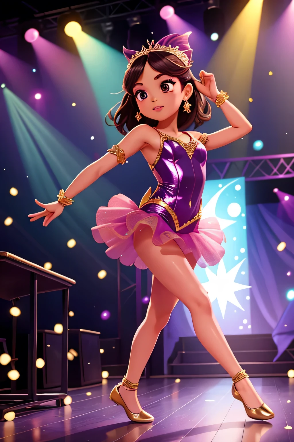  Lulu performs a dramatic dance routine in the school talent show, dressed in a glittery costume. The stage lights illuminate her graceful moves as the audience applauds