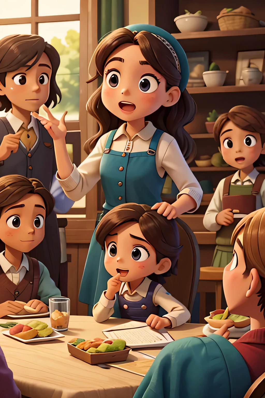 Lulu sits at a crowded lunch table, regaling her friends with a dramatic retelling of her latest adventure. Her gestures are grand, and her friends hang onto her every word.