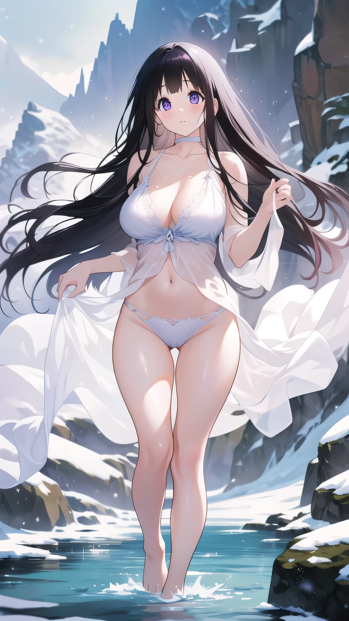 Stunning Chitanda, There is only one beautiful girl,Purple Eyes, Black Hair, Naturally straight hair, Straight bangs,Extremely refined,open your lips,Face is so red,Very white skin,big eyes,Flowing long hair,beautiful girl, Like a dream,Slim,Soft, (Sensual), (Kawaii), Dream quality,Running in the snowy mountains,pool,Ice cubes,No clothes,Beautiful big breasts,No pants,Delicate clavicle,Delicate hands and feet,Bare neck,Bare thighs,Exposing the groin,Camel toe,Bare legs,barefoot,extremely shy,Ultra-high resolution, (masterpiece:1.2, best quality), (Delicate and beautiful eyes: 1.2), (Beautiful and delicate face)