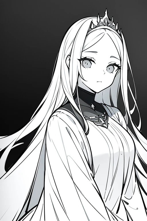 masterpiece, best quality, portrait, 1 adult woman, black background with a gray gradient from the bottom, long hair, clothes are a tight dress, white light comes from above, holds her hands behind her head, looks straight at the camera, Style is a black and white sketch image, she wears a tiara and has royal decorations, serious eyes
