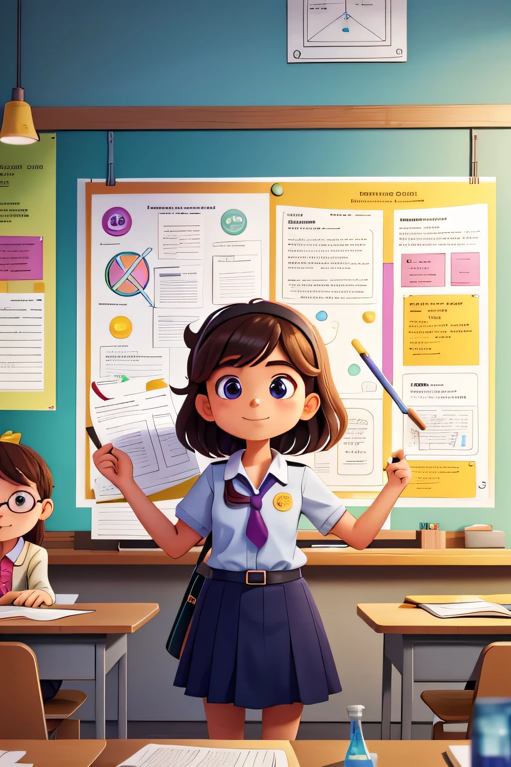 Lulu stands at the front of the class, proudly presenting her science project. Her poster is filled with colorful diagrams and bold text, showcasing her hard work.
