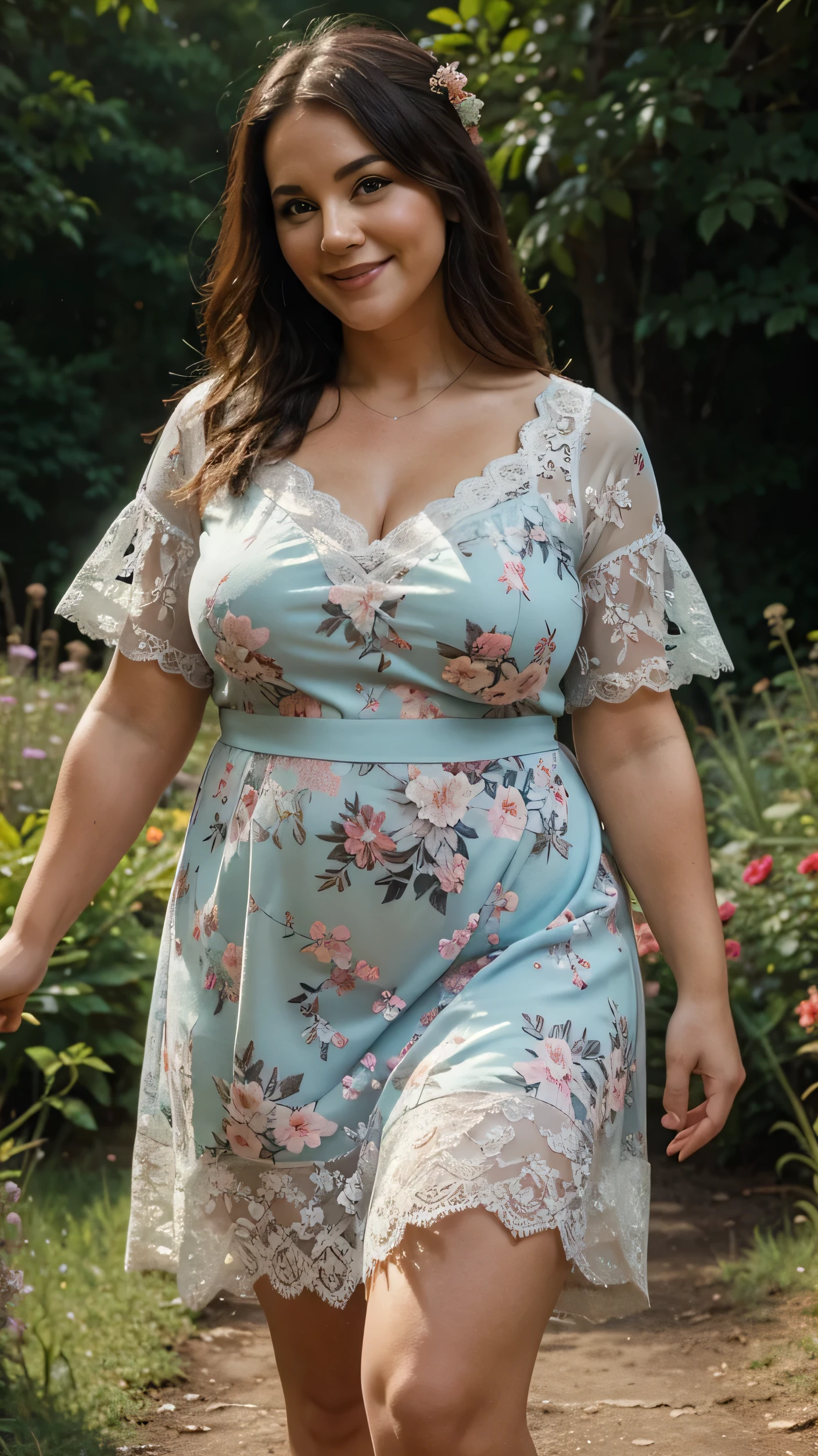 A beautiful and hot almost chubby mature  woman. who is wearing a lace-like floral dress. And standing in nature. A smiling face