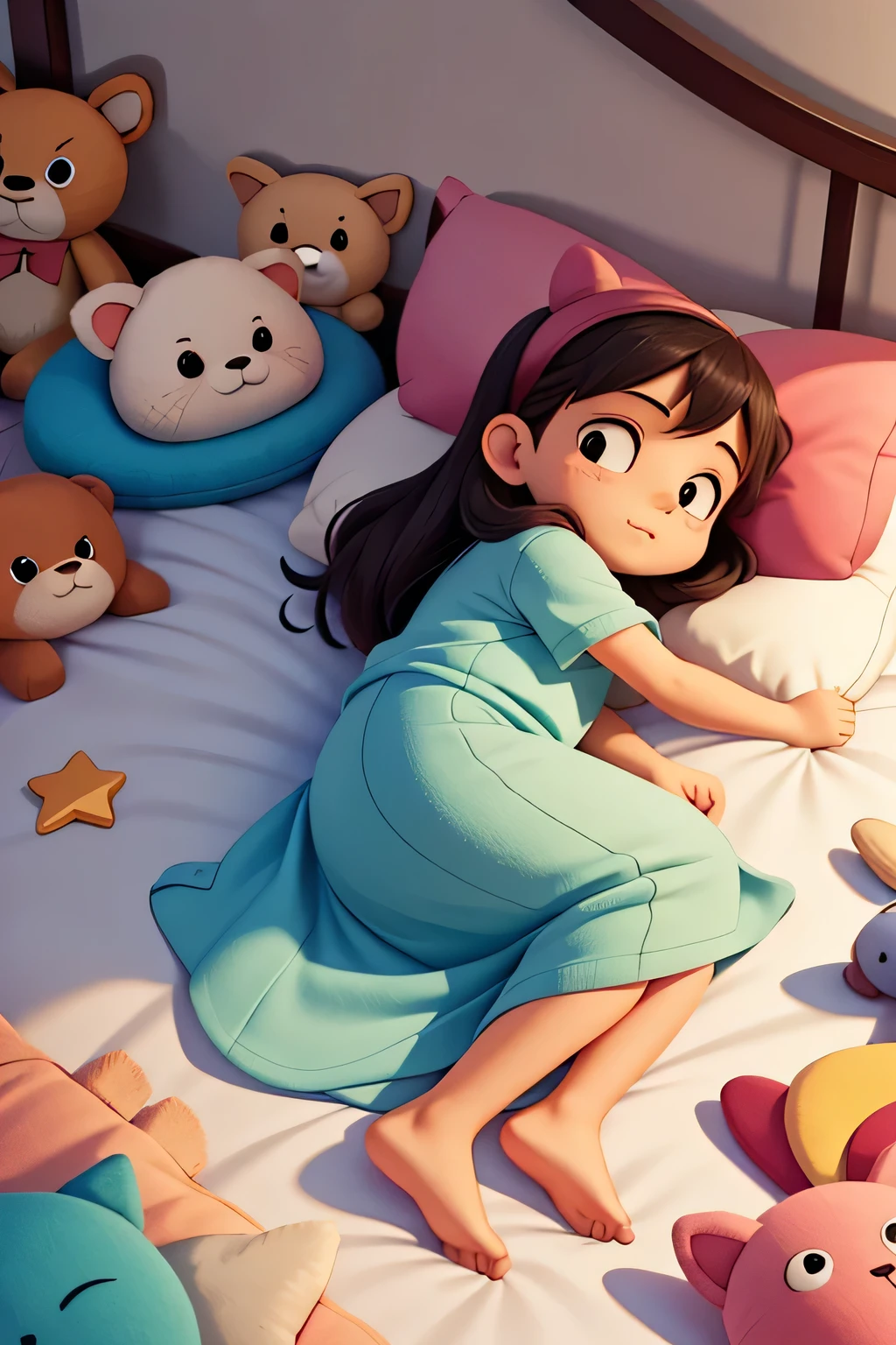: Lulu lies in bed, surrounded by stuffed animals, as she drifts off to sleep. Her dreams are filled with visions of grand adventures and endless applause.