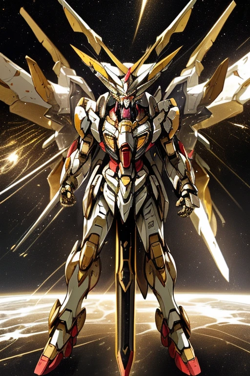 robot,gundam barbatos body,strike astray gundam head,freedom gundam backpack,black and gold color body,stand, battlefield,in space,among enemy robot,space warship,highly quality