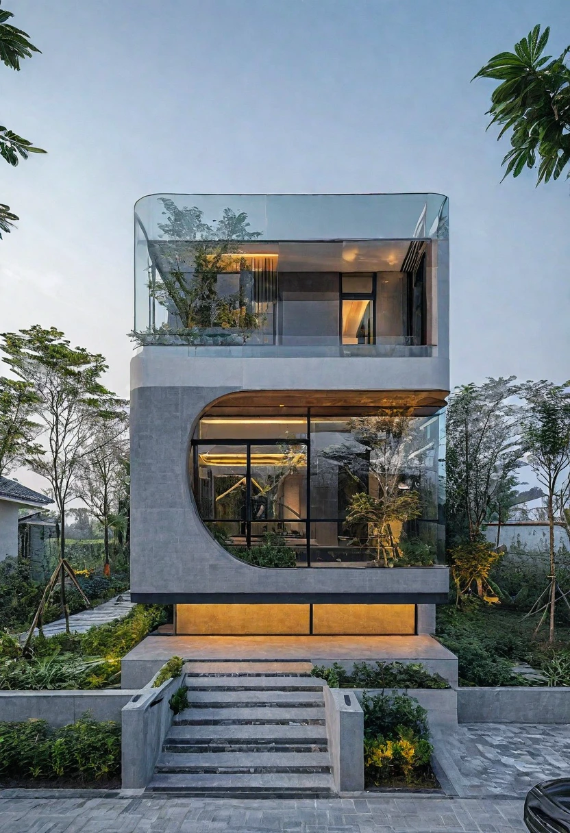House,glass window, high quality architectural art, architecture art, architectural illustration, contemporary architecture, mono,beautiful and realistic photos, busy surrounding space, realistic trees, surrounding landscape is the city, soft light, late afternoonchrome drawing, realistic architecture, architectural rendering, architectural sketch, in style of zaha hadid architect, architectural concepts, architectural concept, rounded architecture, architecture drawing, artistic drawing, exquisite architecture, beautiful artist rendering, architectural render