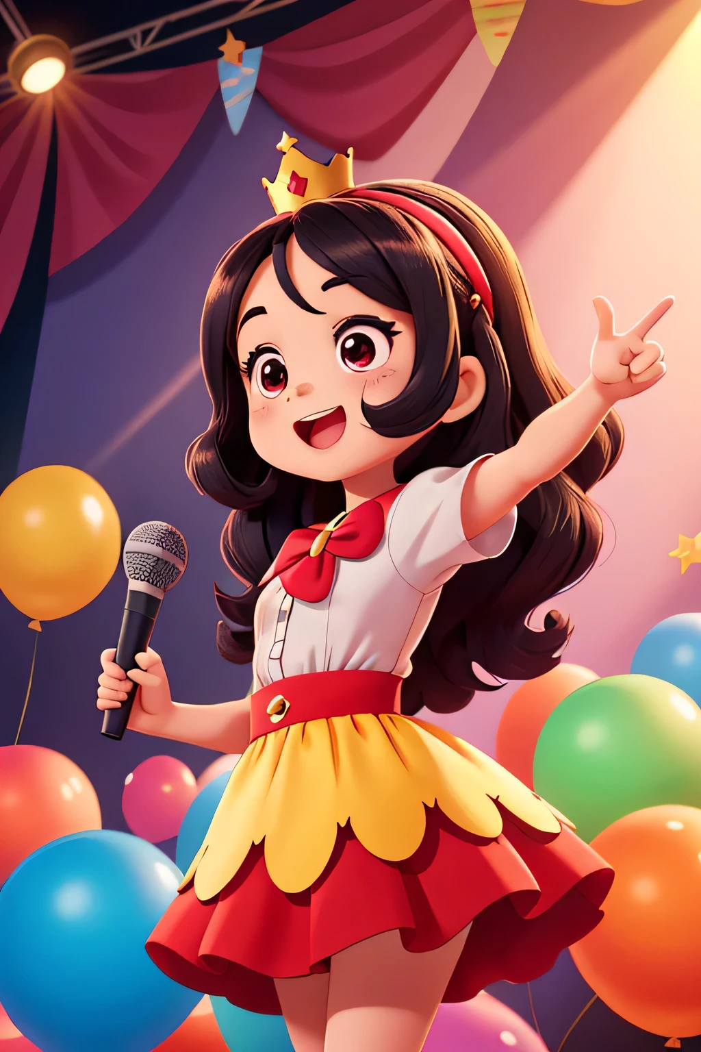 Little Lulu stands center stage, wearing her paper crown, with a spotlight shining down on her. She holds a microphone with one hand and gestures dramatically with the other, captivating the audience. Behind her, colorful posters and balloons fill the background, hinting at the vibrant world of her adventures.